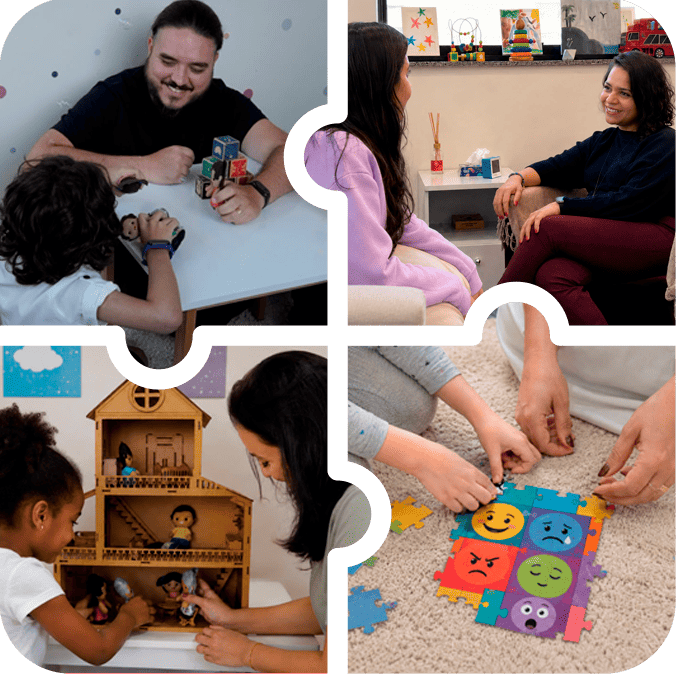 Imagem dividida em quatro partes em formato de quebra-cabeça mostrando interações terapêuticas: um homem brincando com uma criança, duas mulheres conversando, uma mulher e uma criança brincando com uma casa de bonecas e mãos montando um quebra-cabeça de emoções.